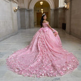 Off Shoulder Corset Pink Quinceanera Dresses 3D Flowers Appliques - MyChicDress